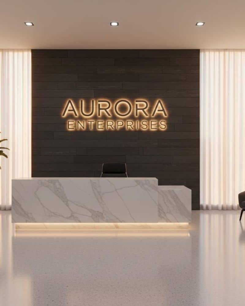 LED sign reading "Aurora Enterprises" on a modern office wall.