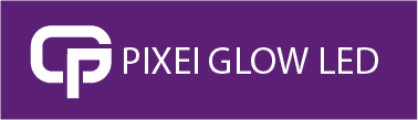 Pixel Glow LED logo on purple background, modern branding image.